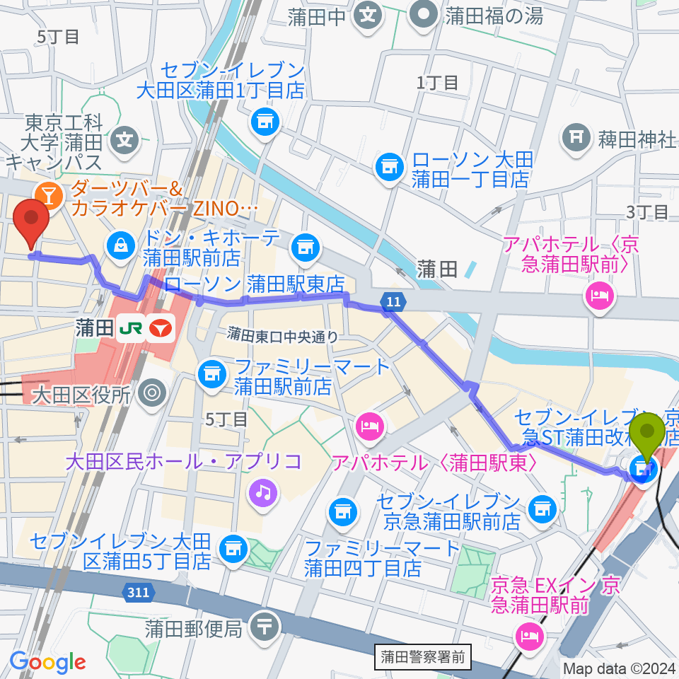 京急蒲田駅からKAMATAぶらぶらへのルートマップ地図