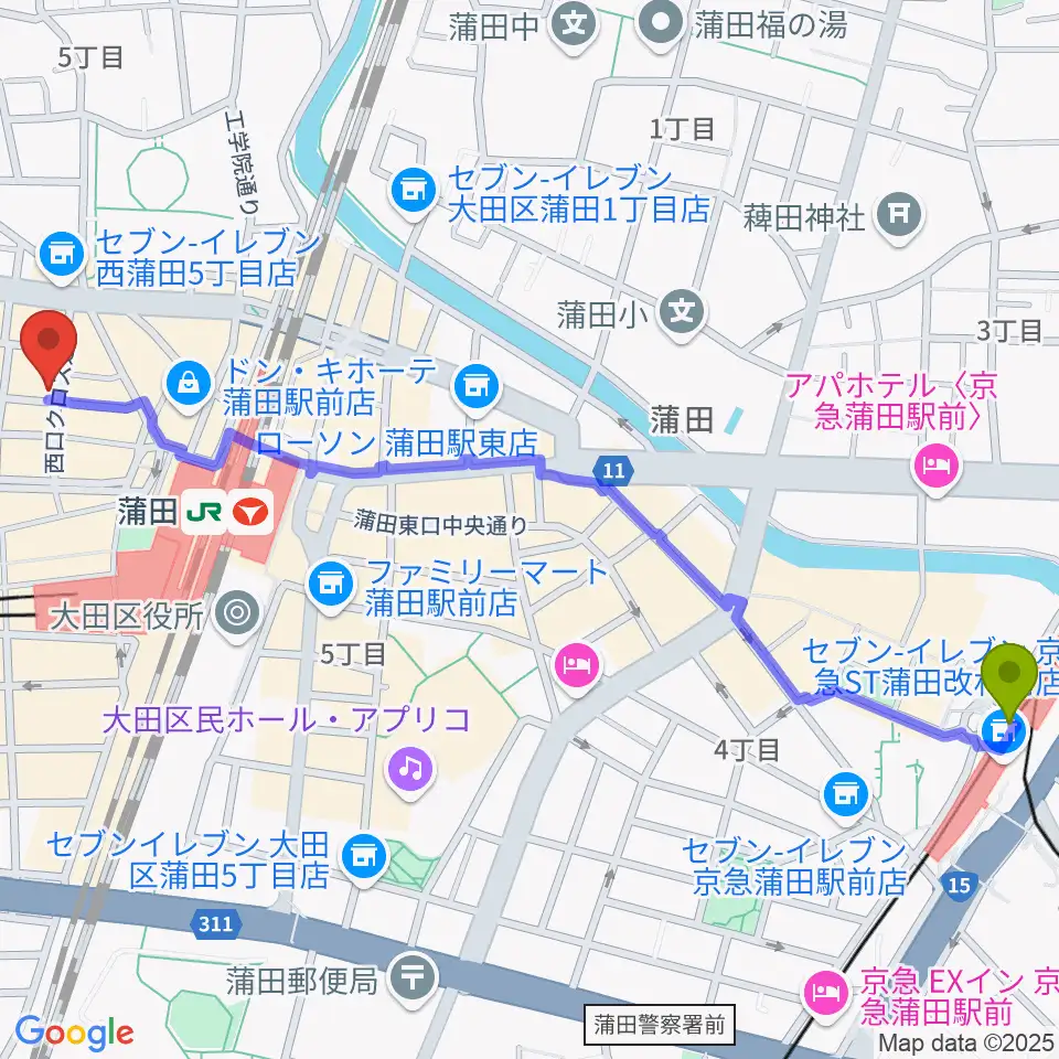 京急蒲田駅からKAMATAぶらぶらへのルートマップ地図