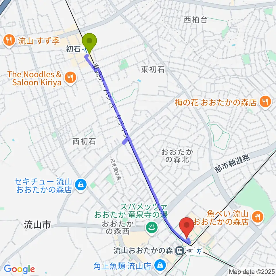 初石駅からスターツおおたかの森ホールへのルートマップ地図