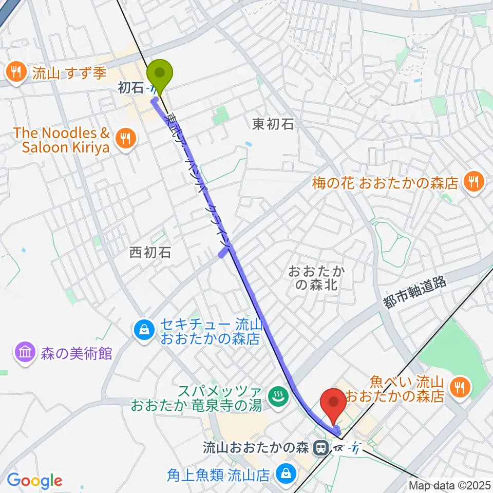 初石駅からスターツおおたかの森ホールへのルートマップ地図