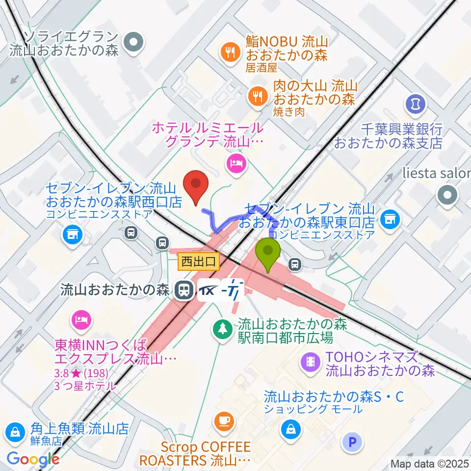 スターツおおたかの森ホールの最寄駅流山おおたかの森駅からの徒歩ルート（約2分）地図