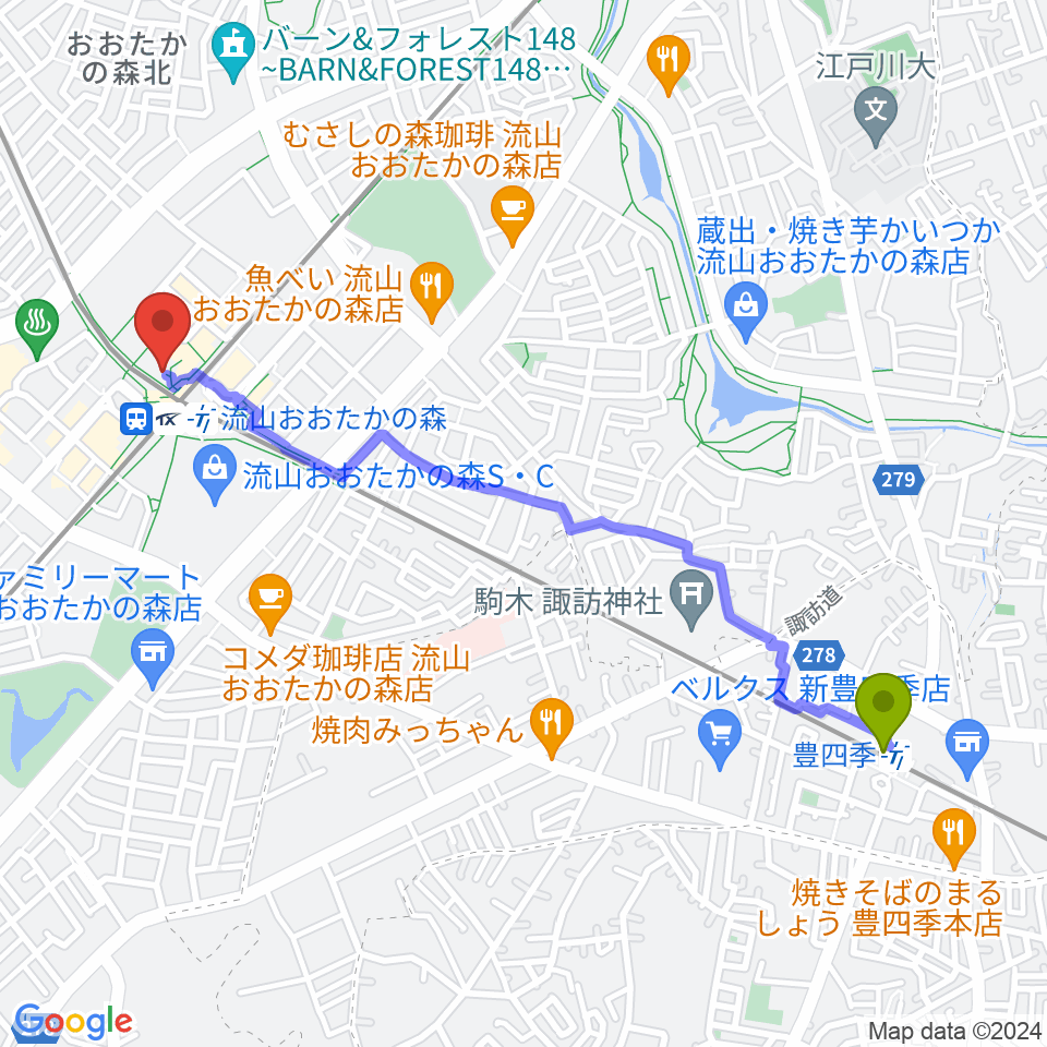 豊四季駅からスターツおおたかの森ホールへのルートマップ地図