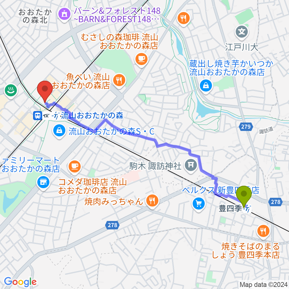 豊四季駅からスターツおおたかの森ホールへのルートマップ地図