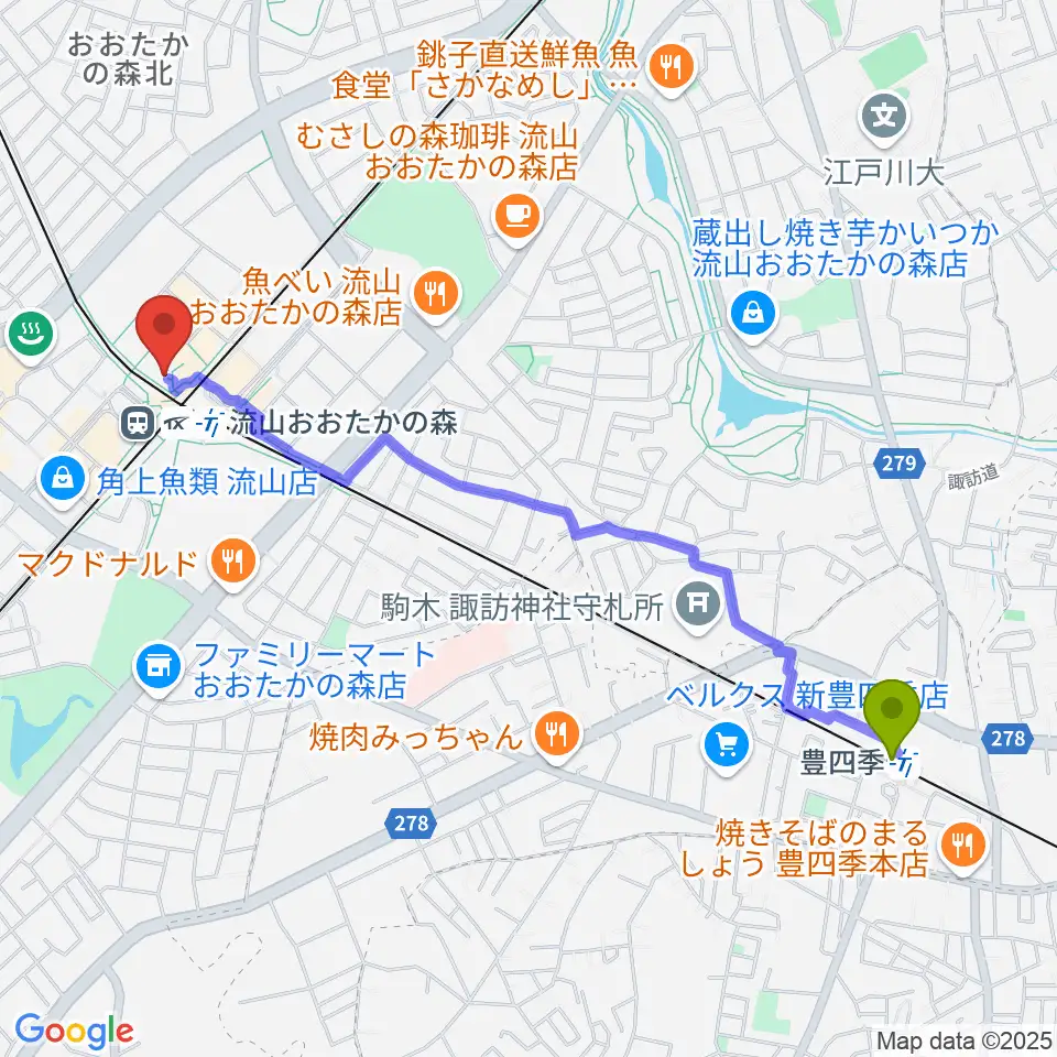 豊四季駅からスターツおおたかの森ホールへのルートマップ地図