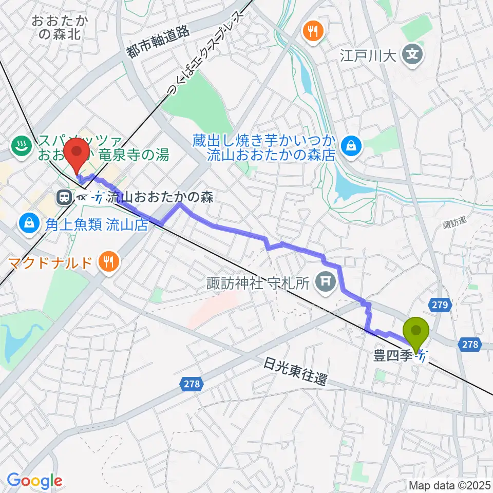 豊四季駅からスターツおおたかの森ホールへのルートマップ地図