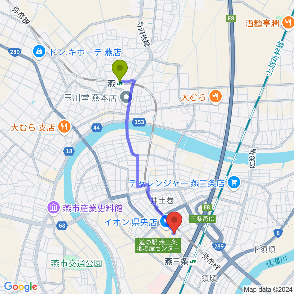 燕駅からイオンシネマ県央へのルートマップ地図