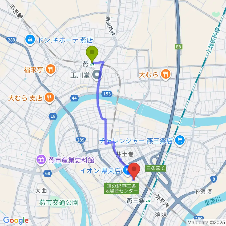 燕駅からイオンシネマ県央へのルートマップ地図
