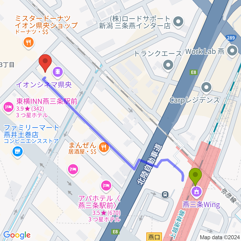 イオンシネマ県央の最寄駅燕三条駅からの徒歩ルート（約6分）地図