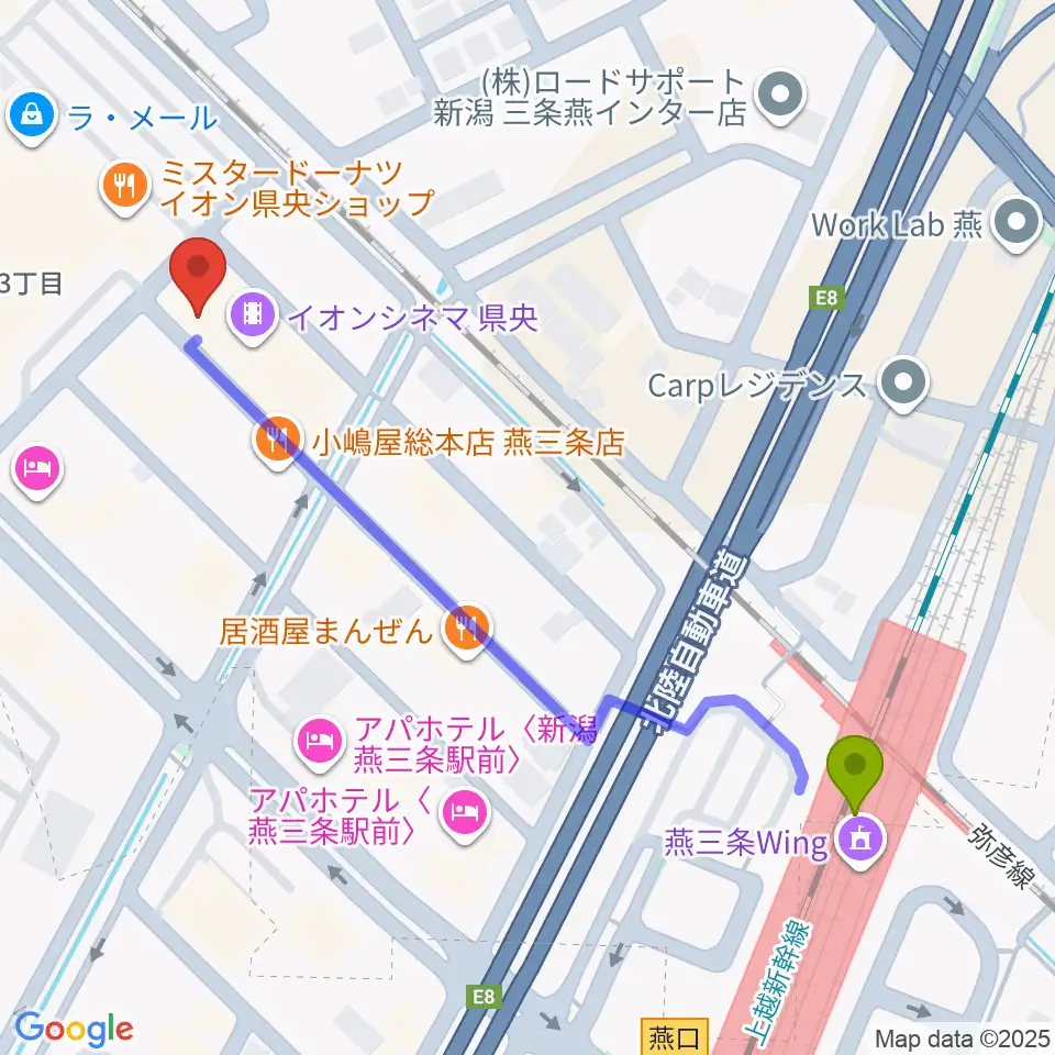 イオンシネマ県央の最寄駅燕三条駅からの徒歩ルート（約6分）地図