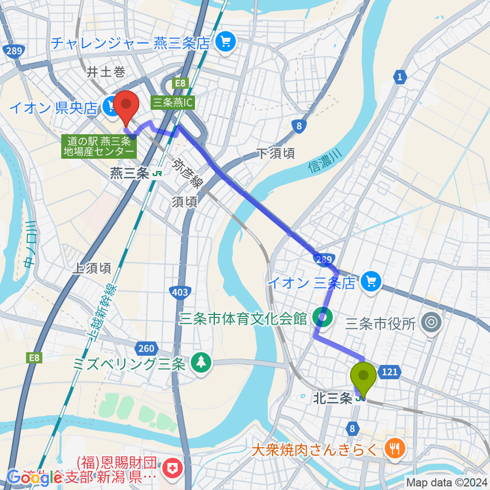 北三条駅からイオンシネマ県央へのルートマップ地図