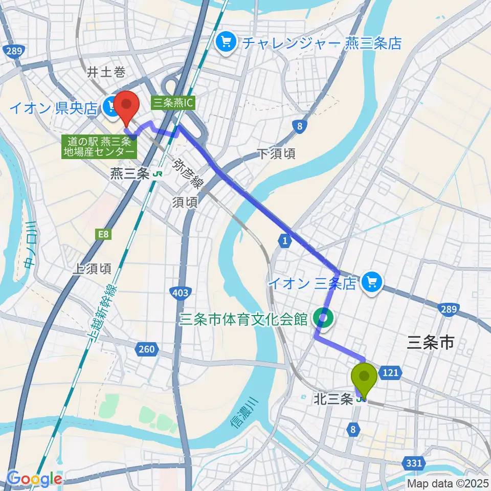 北三条駅からイオンシネマ県央へのルートマップ地図