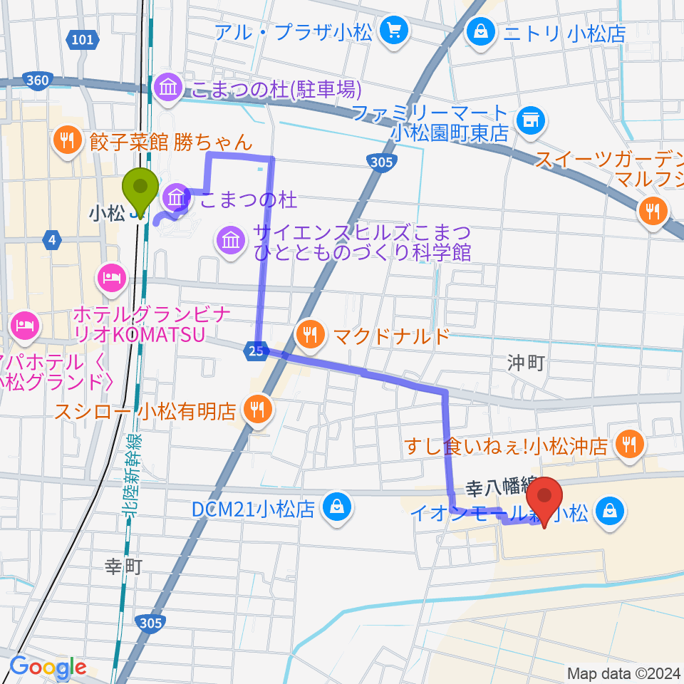 イオンシネマ新小松の最寄駅小松駅からの徒歩ルート（約23分）地図