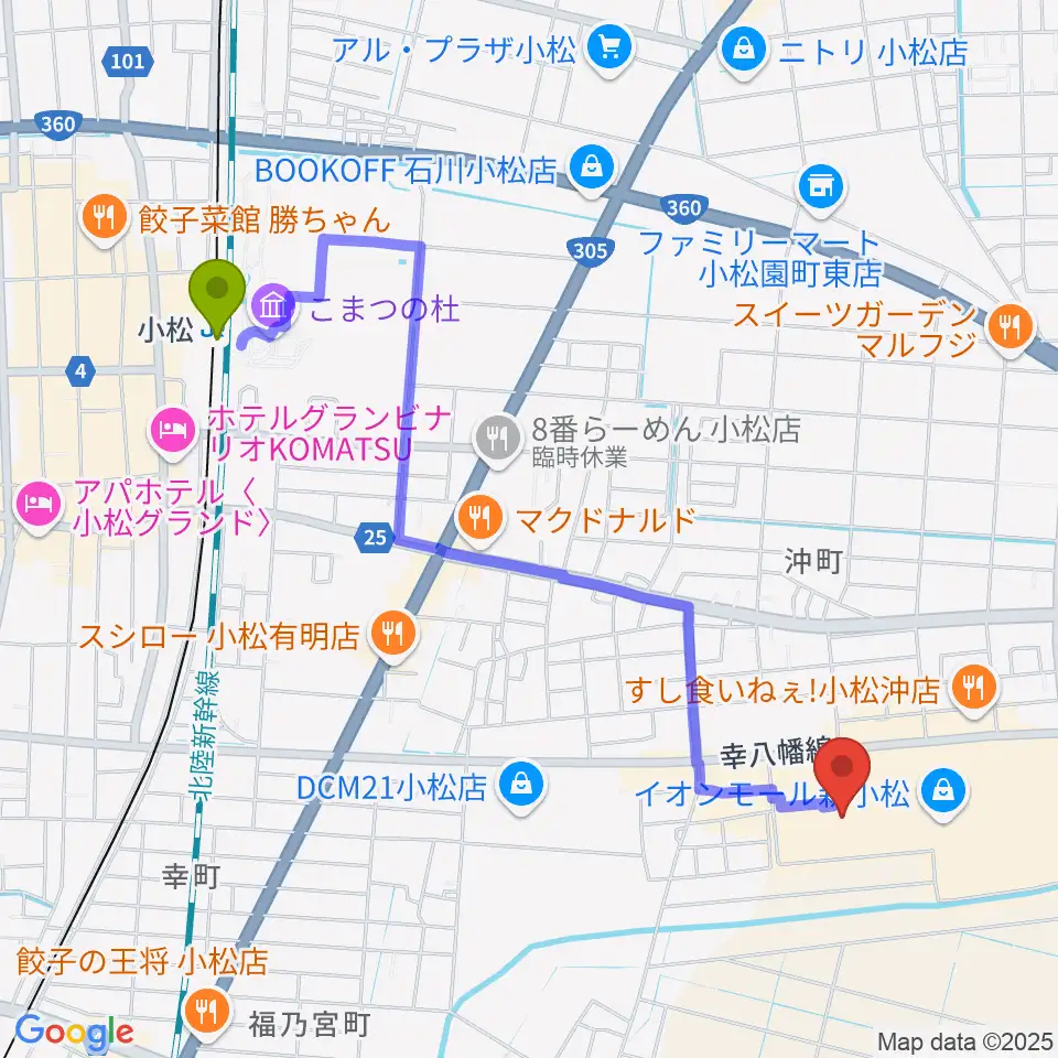 イオンシネマ新小松の最寄駅小松駅からの徒歩ルート（約23分）地図