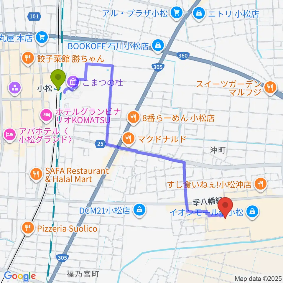 イオンシネマ新小松の最寄駅小松駅からの徒歩ルート（約23分）地図