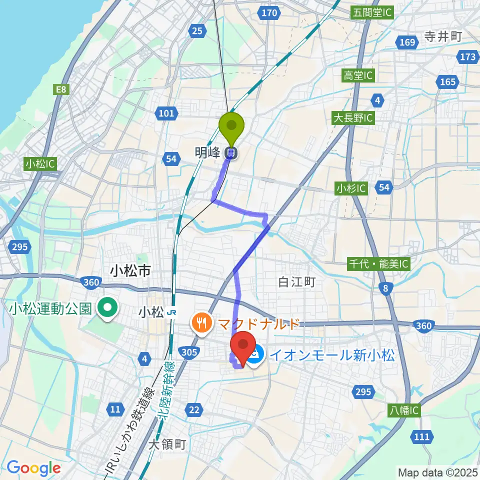 明峰駅からイオンシネマ新小松へのルートマップ地図