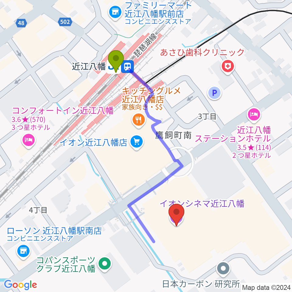 イオンシネマ近江八幡の最寄駅近江八幡駅からの徒歩ルート（約4分）地図