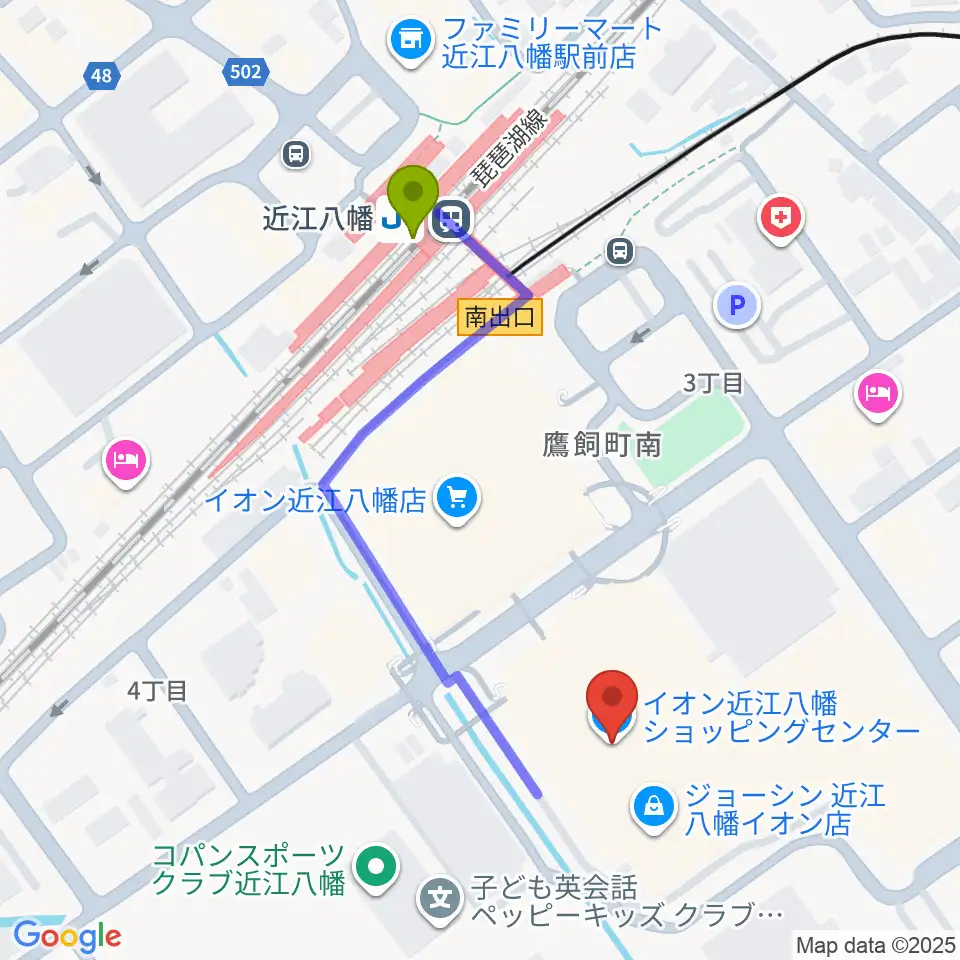 イオンシネマ近江八幡の最寄駅近江八幡駅からの徒歩ルート（約4分）地図