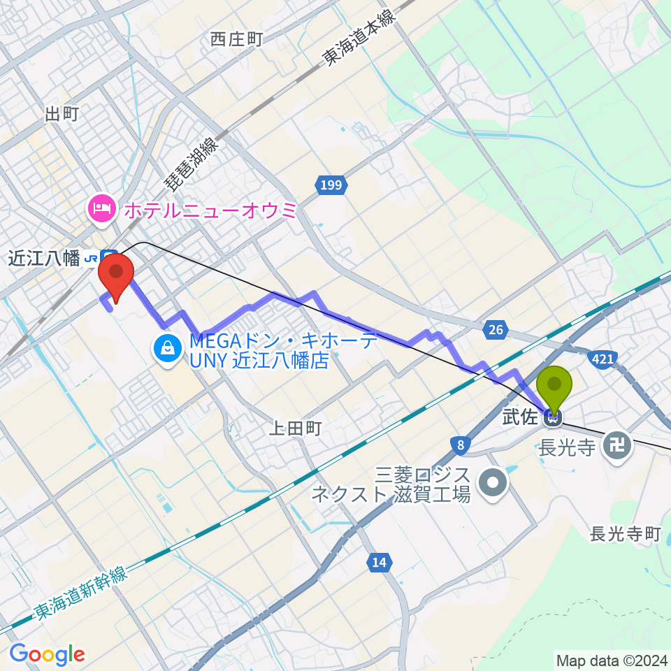 武佐駅からイオンシネマ近江八幡へのルートマップ地図