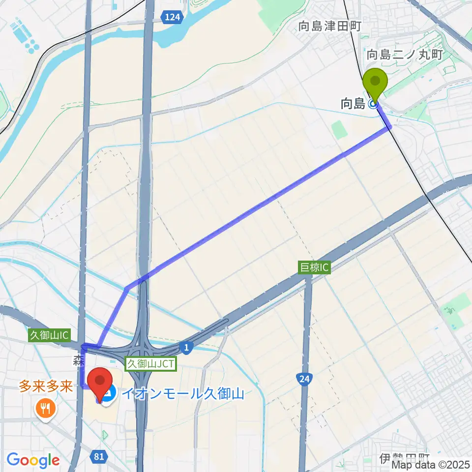 向島駅からイオンシネマ久御山へのルートマップ地図