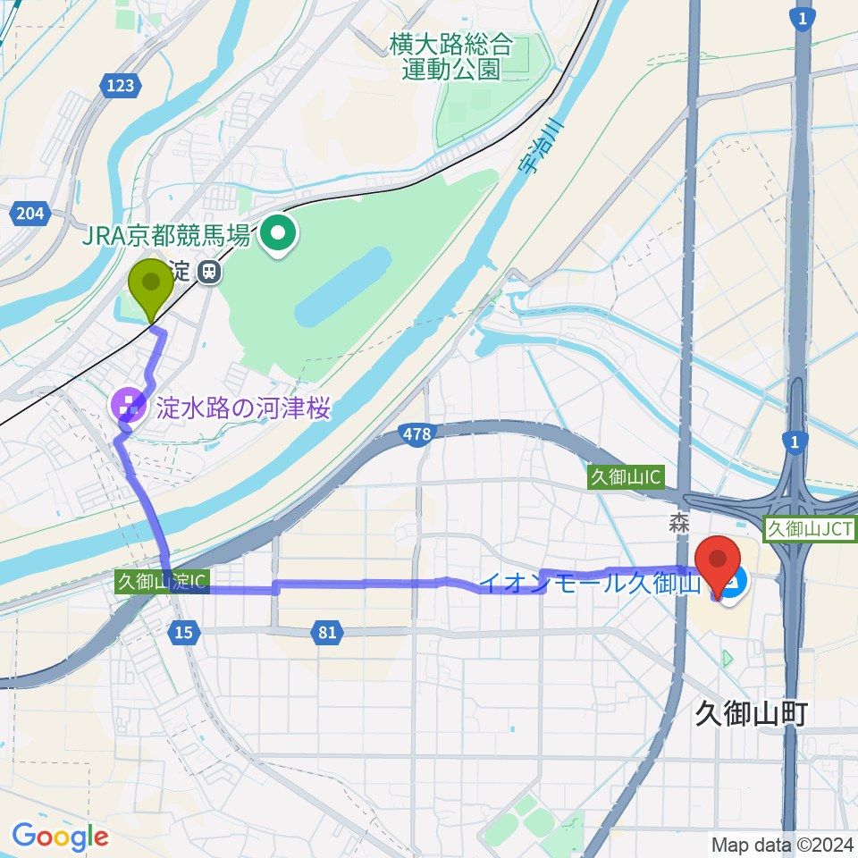 イオンシネマ久御山の最寄駅淀駅からの徒歩ルート（約46分）地図