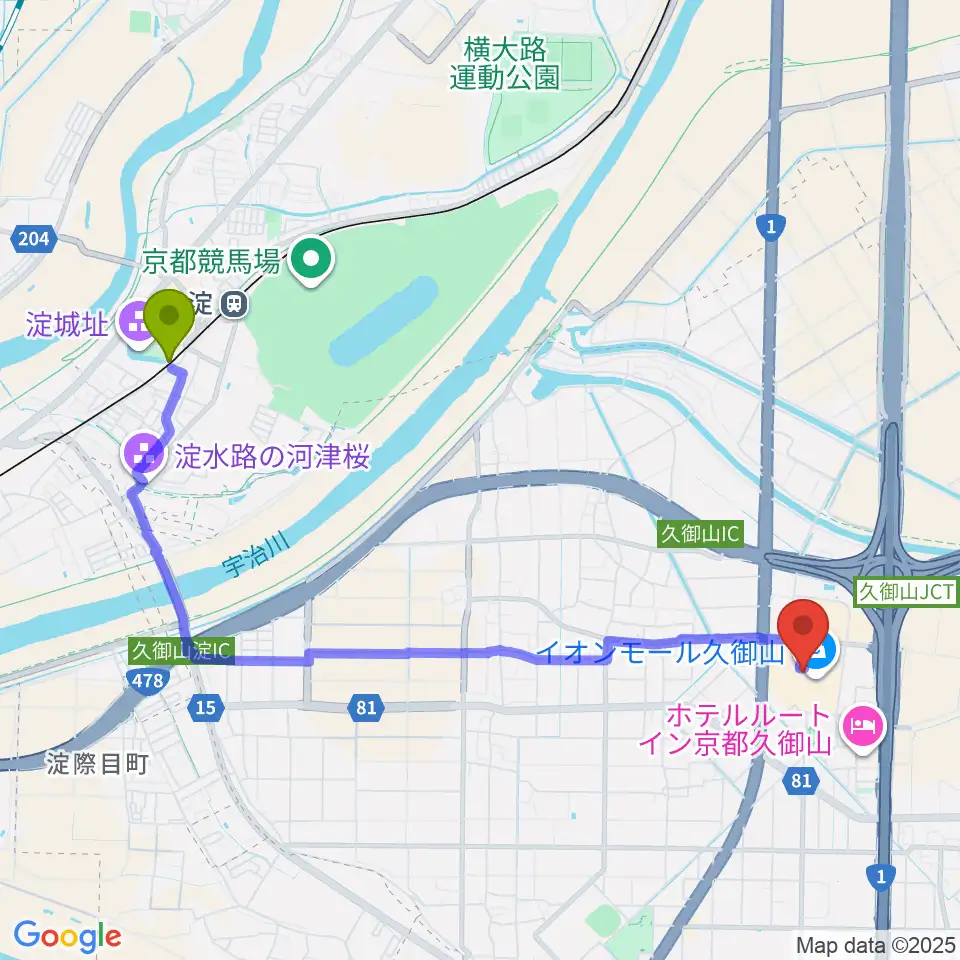 イオンシネマ久御山の最寄駅淀駅からの徒歩ルート（約46分）地図