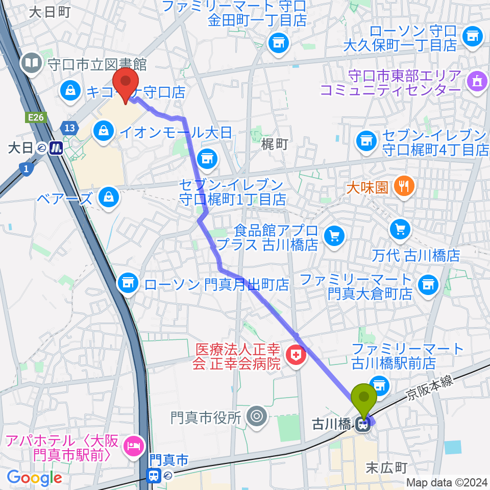 古川橋駅からイオンシネマ大日へのルートマップ地図