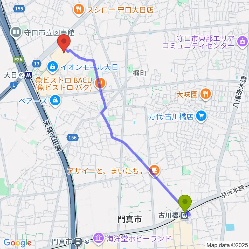 古川橋駅からイオンシネマ大日へのルートマップ地図