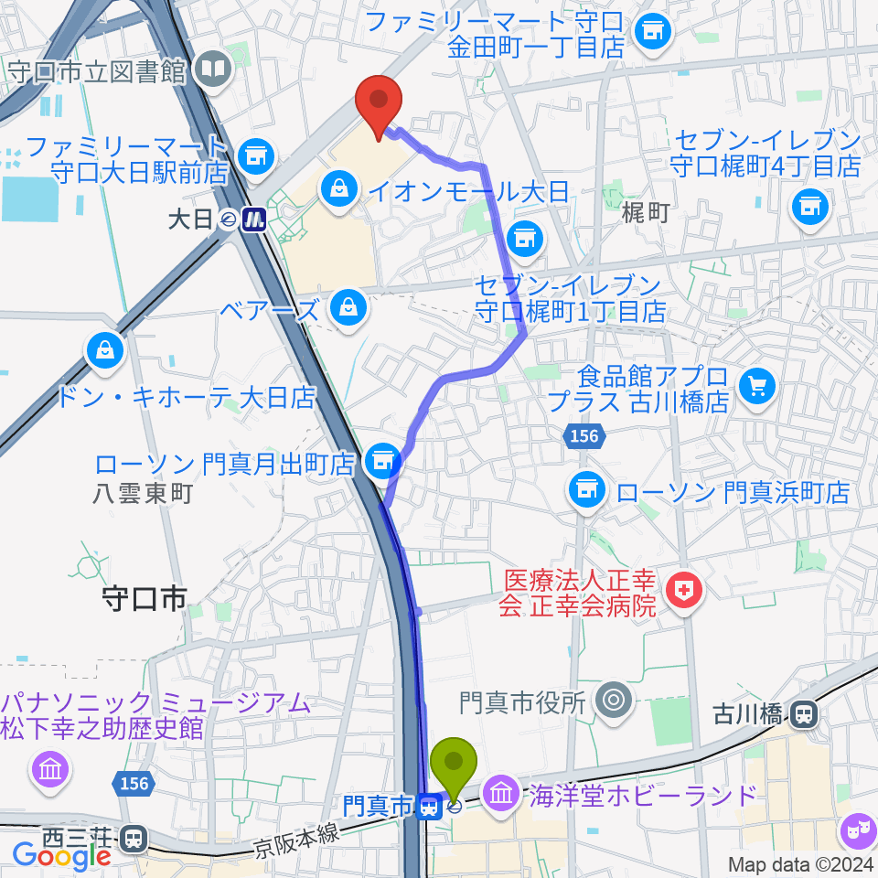 門真市駅からイオンシネマ大日へのルートマップ地図