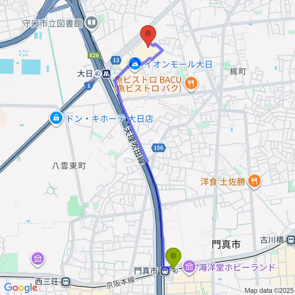門真市駅からイオンシネマ大日へのルートマップ地図