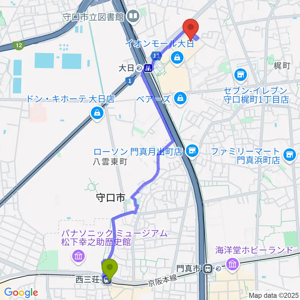 西三荘駅からイオンシネマ大日へのルートマップ地図