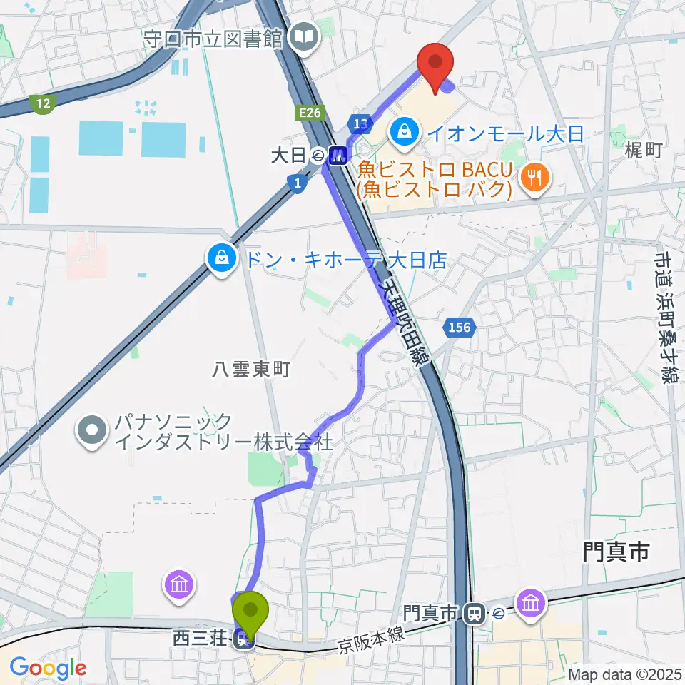 西三荘駅からイオンシネマ大日へのルートマップ地図