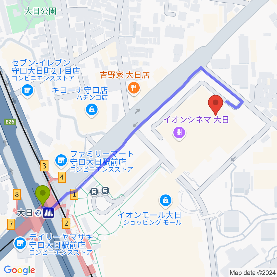 イオンシネマ大日の最寄駅大日駅からの徒歩ルート（約6分）地図