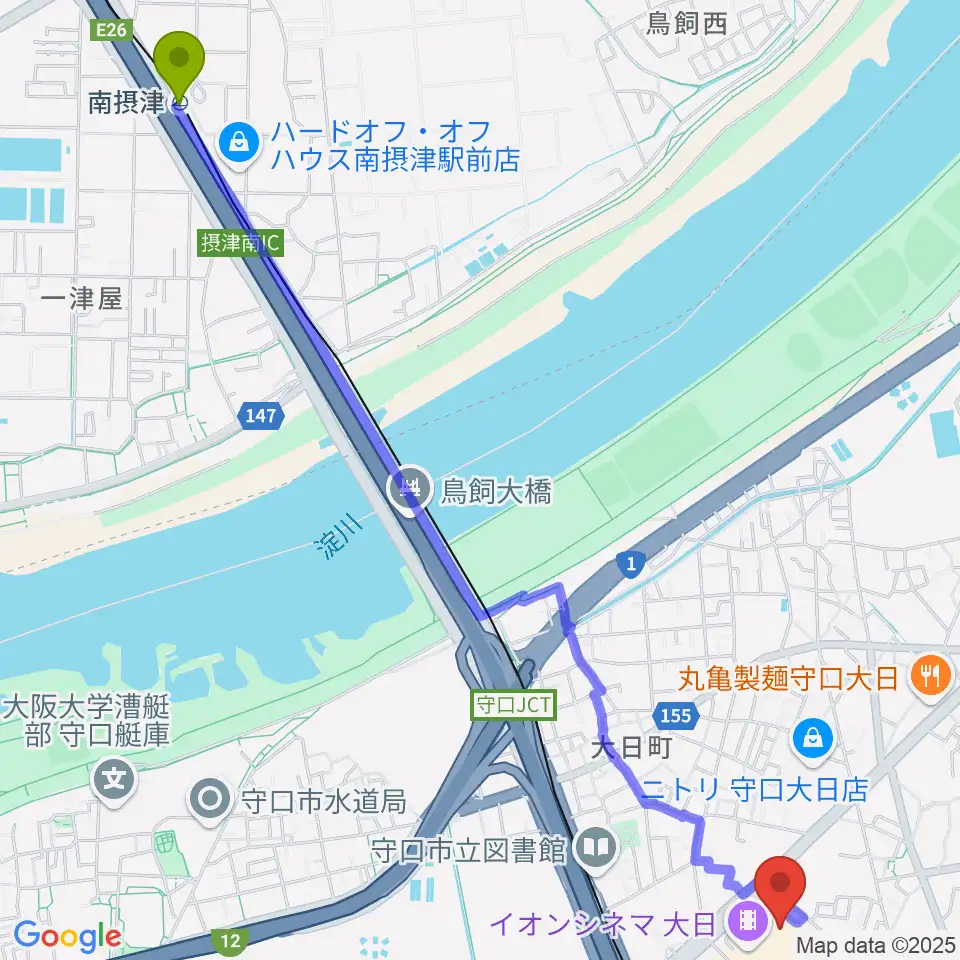 南摂津駅からイオンシネマ大日へのルートマップ地図
