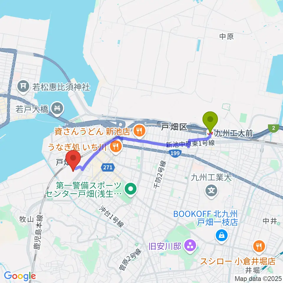 九州工大前駅からイオンシネマ戸畑へのルートマップ地図