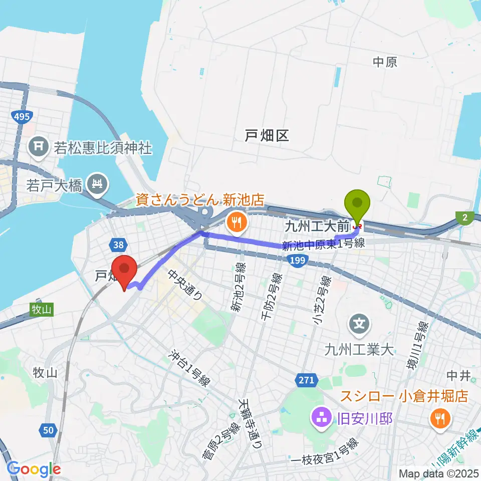 九州工大前駅からイオンシネマ戸畑へのルートマップ地図