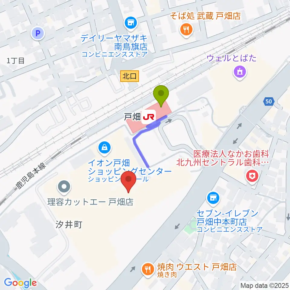 イオンシネマ戸畑の最寄駅戸畑駅からの徒歩ルート（約2分）地図