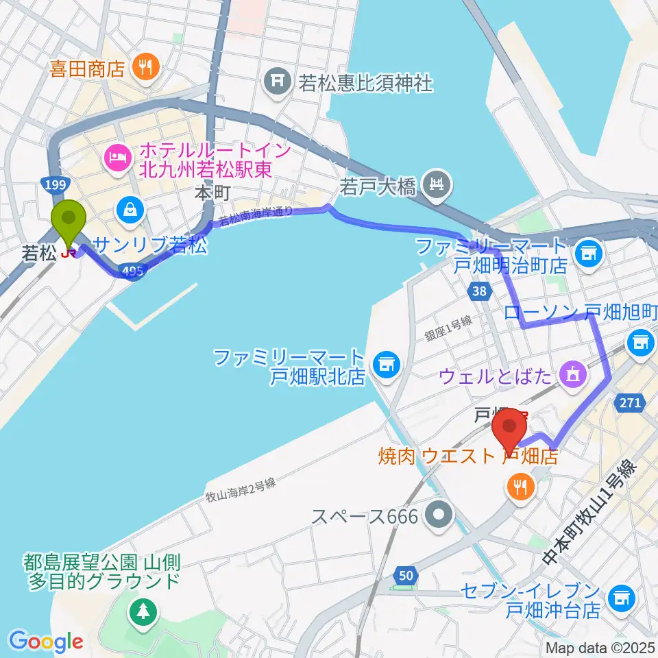 若松駅からイオンシネマ戸畑へのルートマップ地図