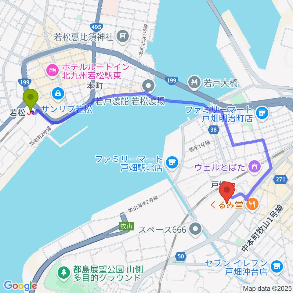 若松駅からイオンシネマ戸畑へのルートマップ地図