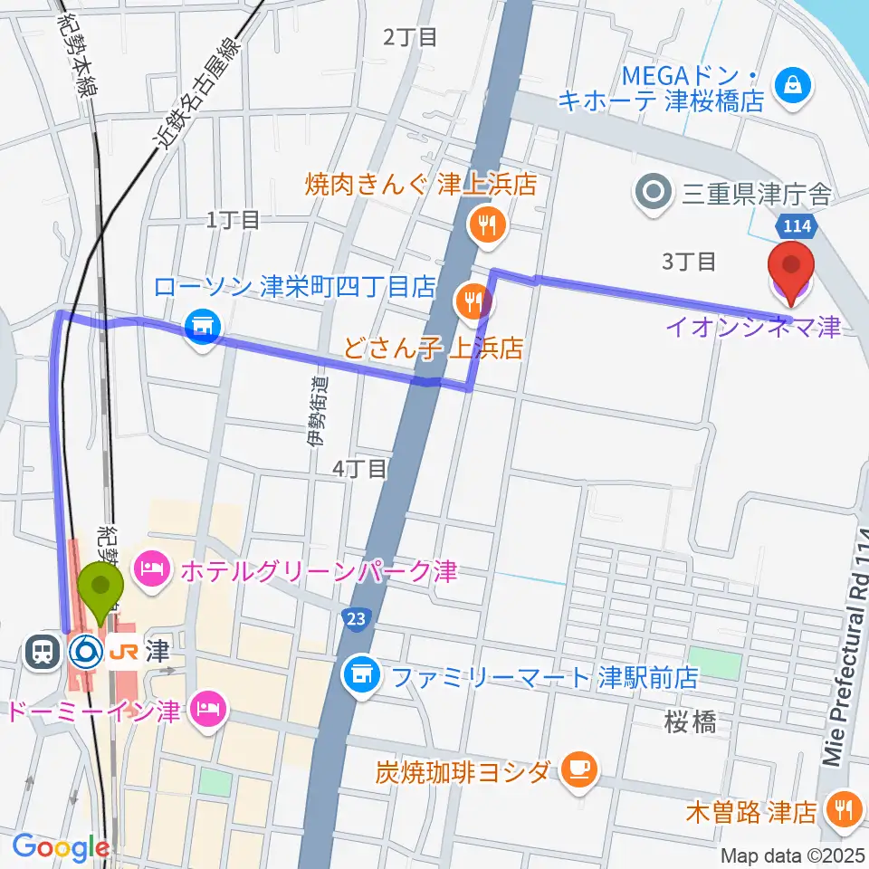 イオンシネマ津の最寄駅津駅からの徒歩ルート（約14分）地図