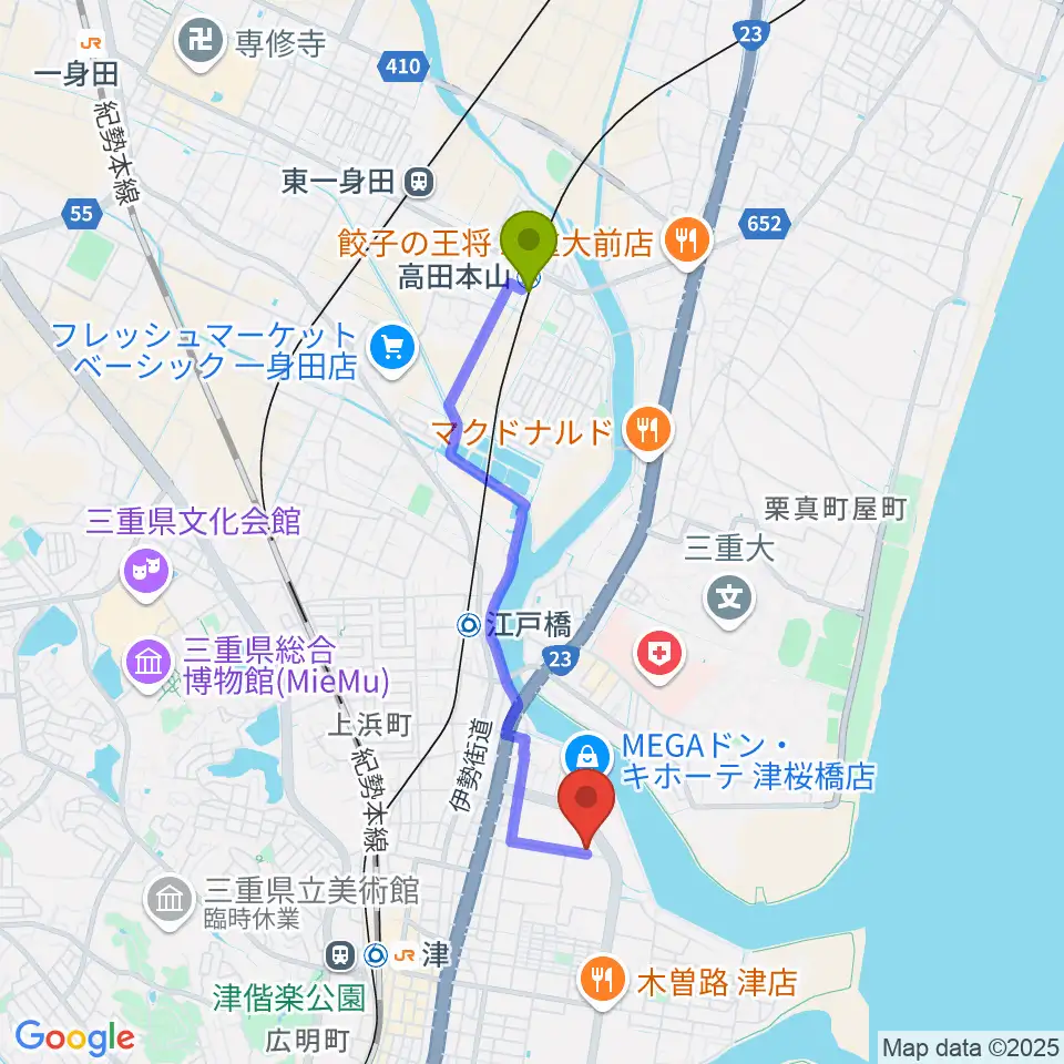 高田本山駅からイオンシネマ津へのルートマップ地図