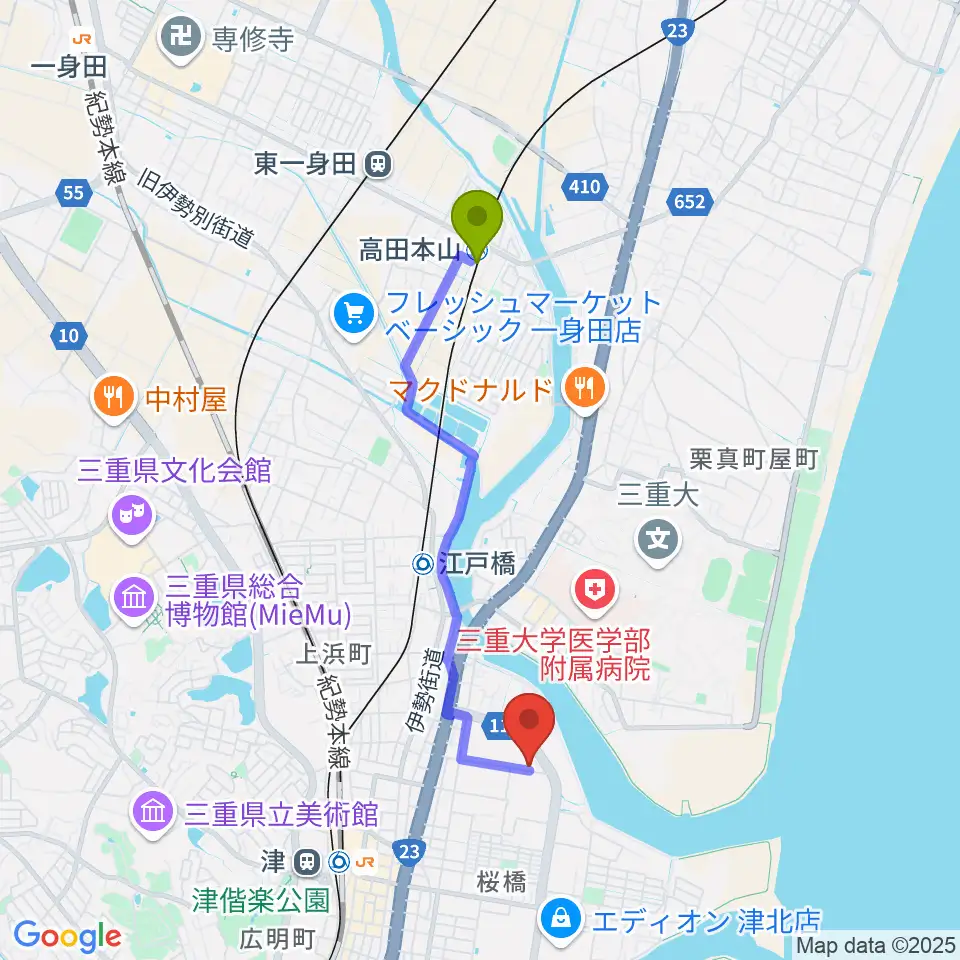 高田本山駅からイオンシネマ津へのルートマップ地図