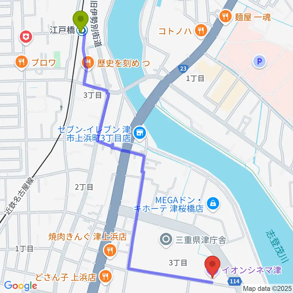 江戸橋駅からイオンシネマ津へのルートマップ地図