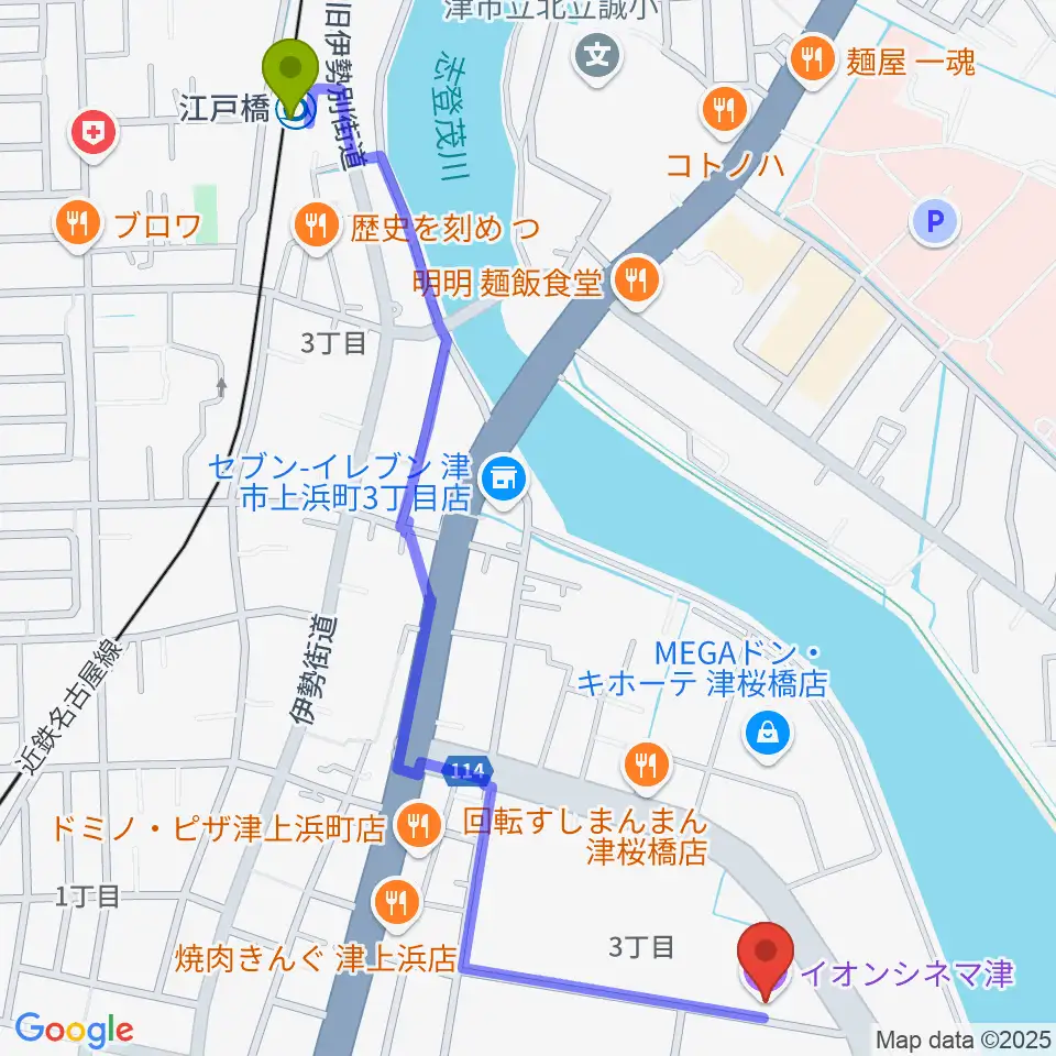 江戸橋駅からイオンシネマ津へのルートマップ地図