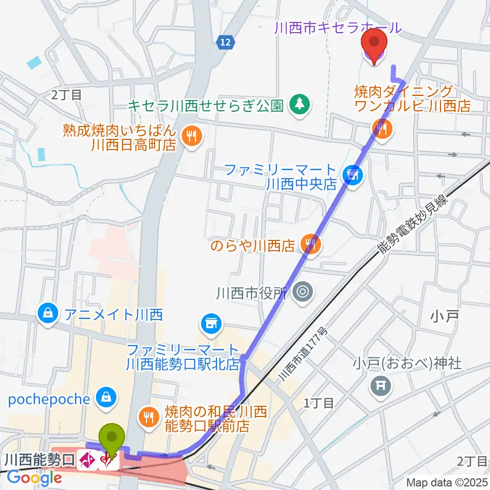 川西能勢口駅から川西市キセラホールへのルートマップ地図