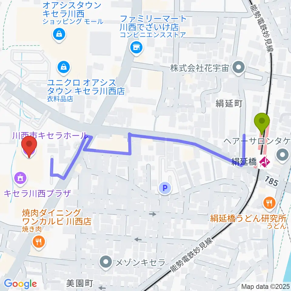 川西市キセラホールの最寄駅絹延橋駅からの徒歩ルート（約6分）地図