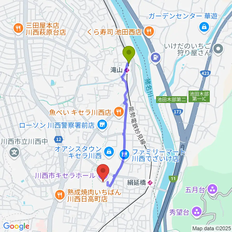 滝山駅から川西市キセラホールへのルートマップ地図