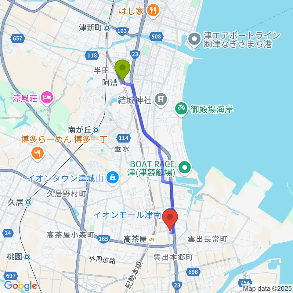 阿漕駅からイオンシネマ津南へのルートマップ地図