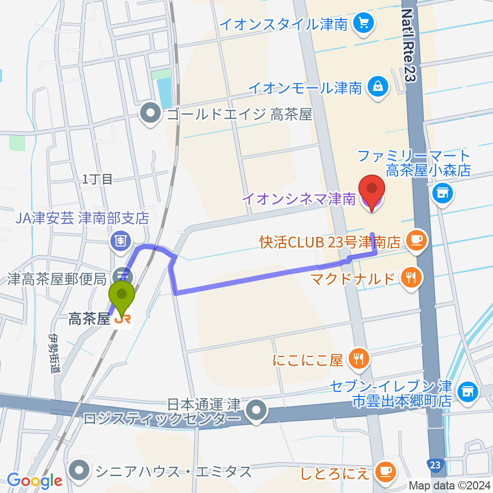 イオンシネマ津南の最寄駅高茶屋駅からの徒歩ルート（約9分）地図