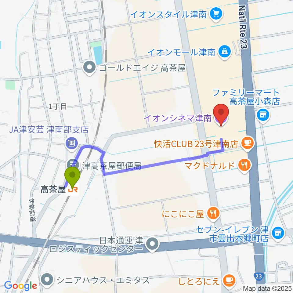 イオンシネマ津南の最寄駅高茶屋駅からの徒歩ルート（約9分）地図