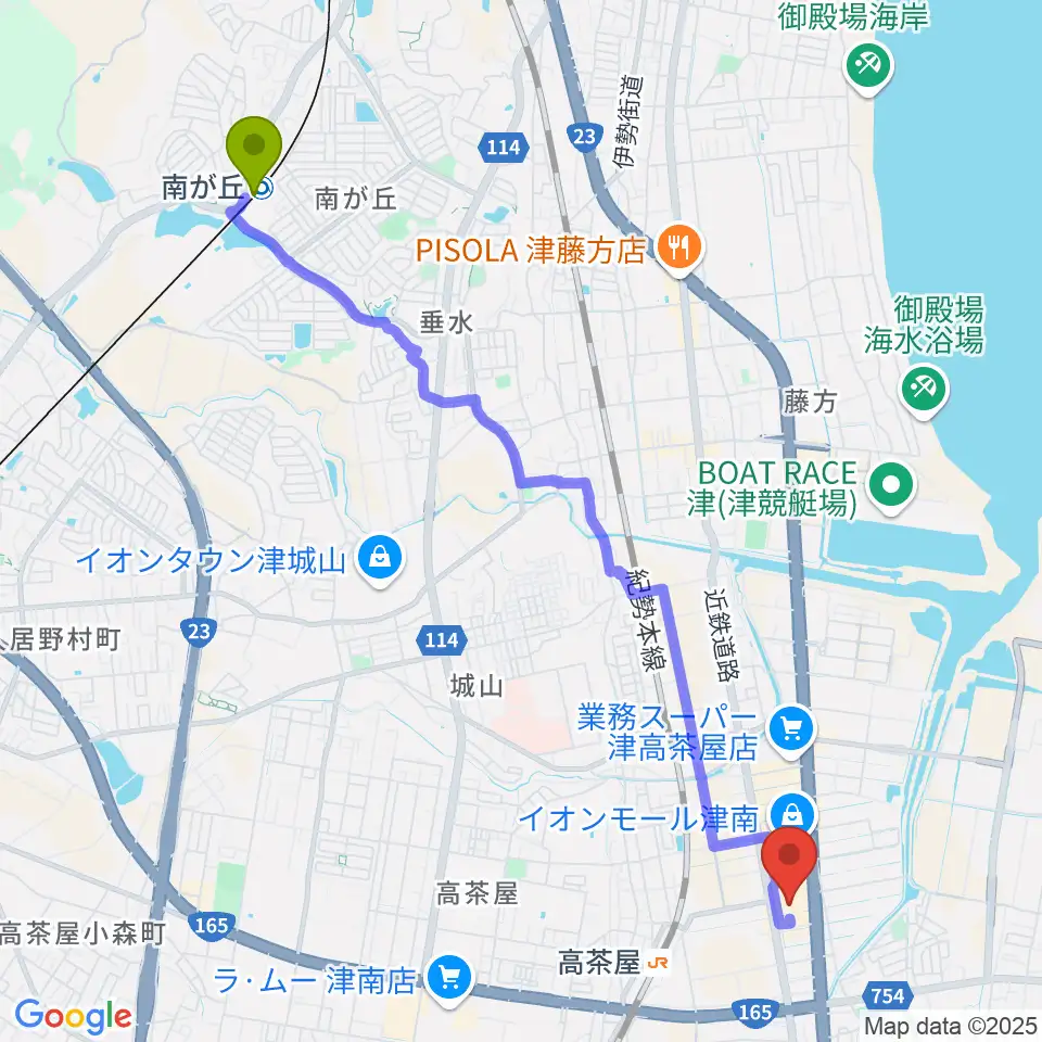 南が丘駅からイオンシネマ津南へのルートマップ地図